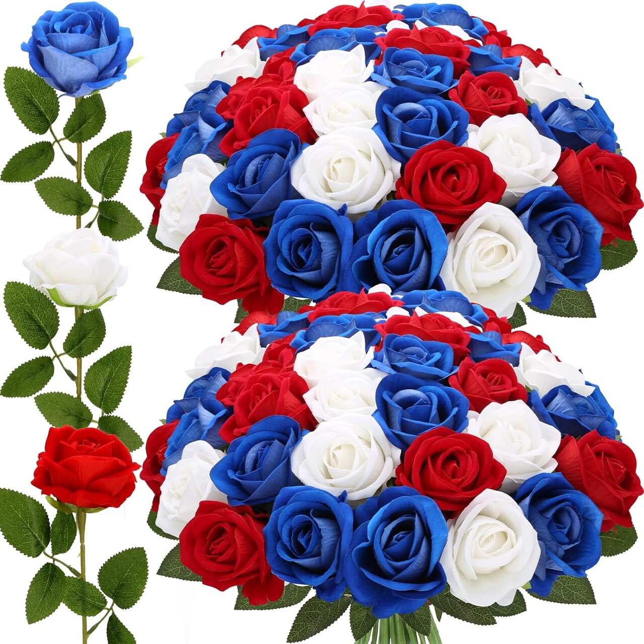 24-Pack 4th of July Artificial Flowers – Red, White & Blue Velvet Silk Roses for Patriotic Memorial Day & Independence Day Centerpieces, Home & Party Decor